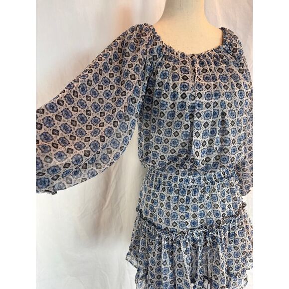 NWT MISA Blouson Dress Balloon Sleeve Tiered Ruffle Skirt Boho Blues - Picture 7 of 11